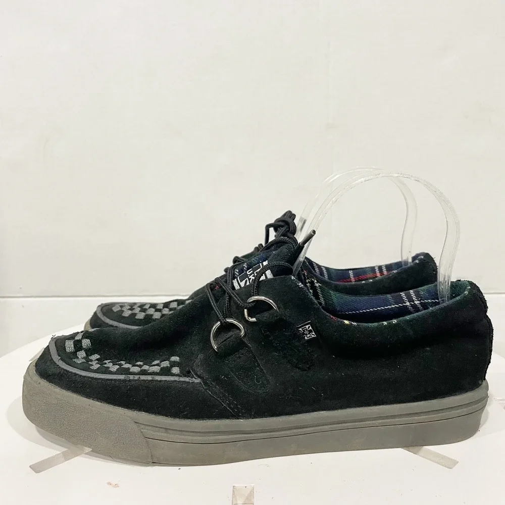 T.U.K. Black Suede Creeper Style Shoes Sz 6 Checkered Plaid Accents Skull Bottom